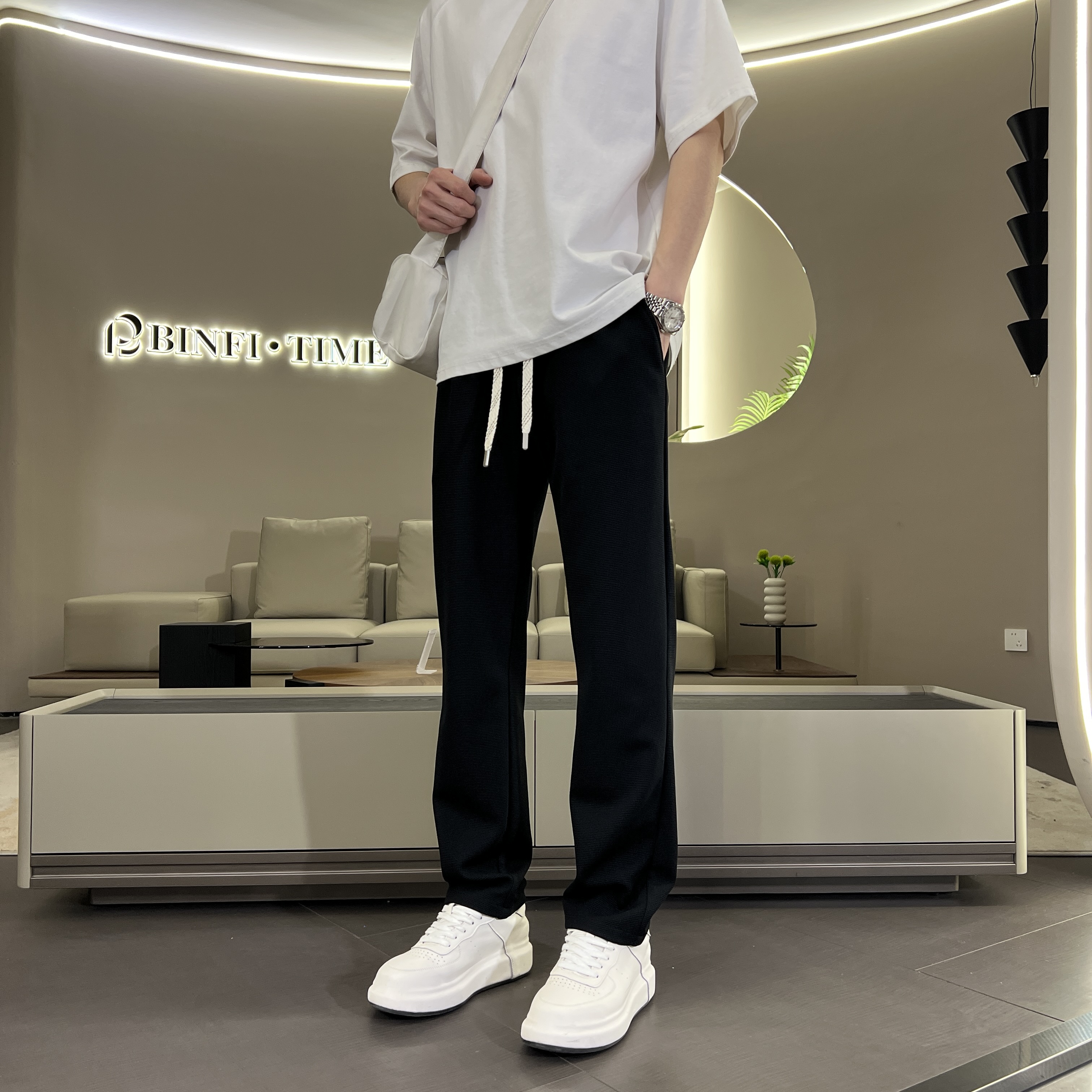 夏季爆款春季新款高端舒适垂感百搭直筒休闲裤抽绳松紧腰宽松潮流