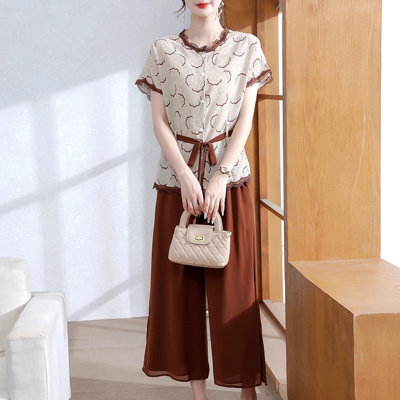 【纪朵研】0568#雪纺衬衫套装2025新款夏季短袖上衣阔腿裤两件套女