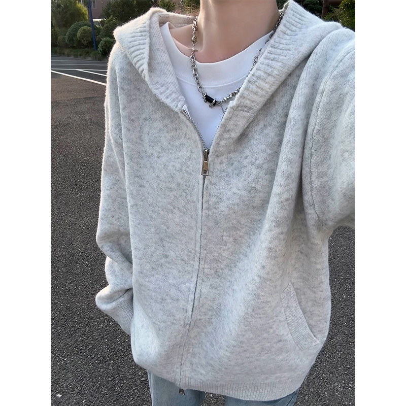 白花灰美式拉链毛衣慵懒高级感针织开衫外套男款秋冬情侣连帽卫衣
