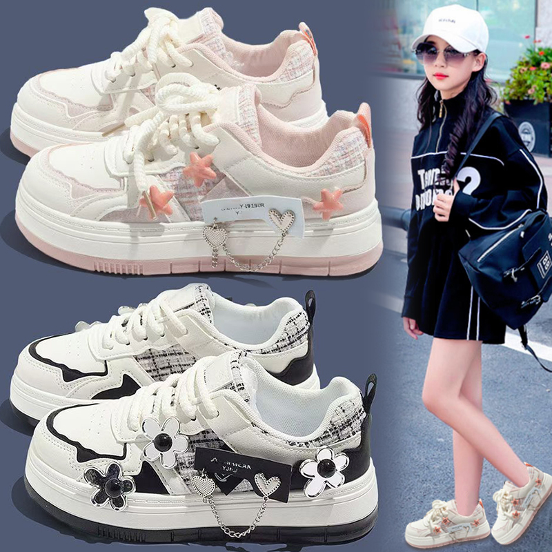 女童小白鞋2025春秋新款花朵帆布鞋学生百搭休闲中大童运动板鞋潮