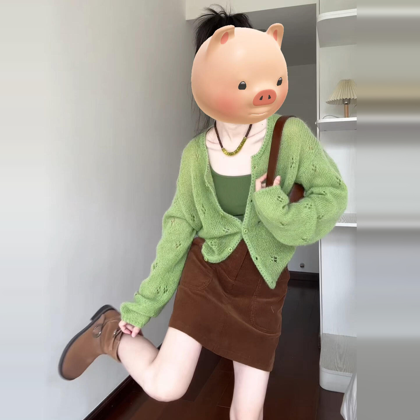 韩系洋气设计感白色印花长袖T恤女秋冬2025新款棕色半裙两件套装