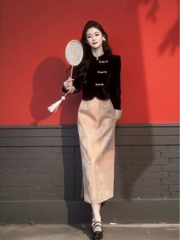 YH-66704大码女装斜襟盘扣短外套+提花半身裙新中式套装深秋新款