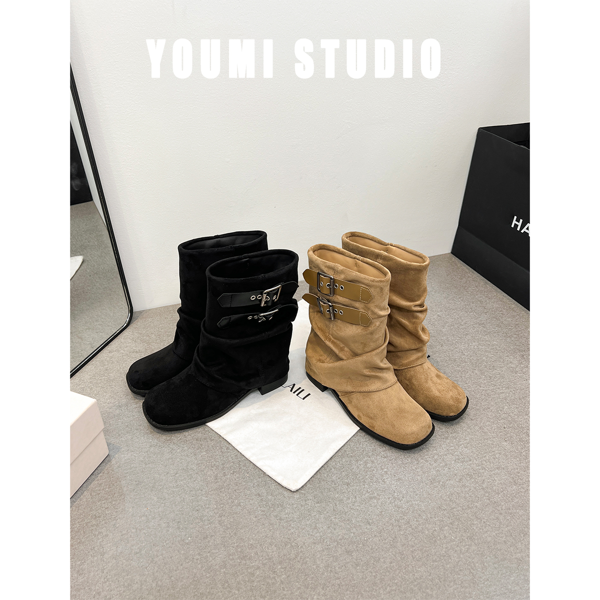 youmi~真皮绒面粗跟西部靴女短筒沙漠旅游靴复古扣带裤管堆堆靴
