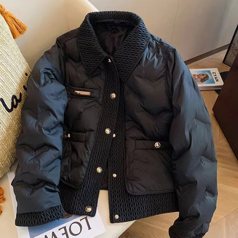 时髦气质拼接POLO领棉服2025秋冬季高级感时尚单排扣黑色百撘外套