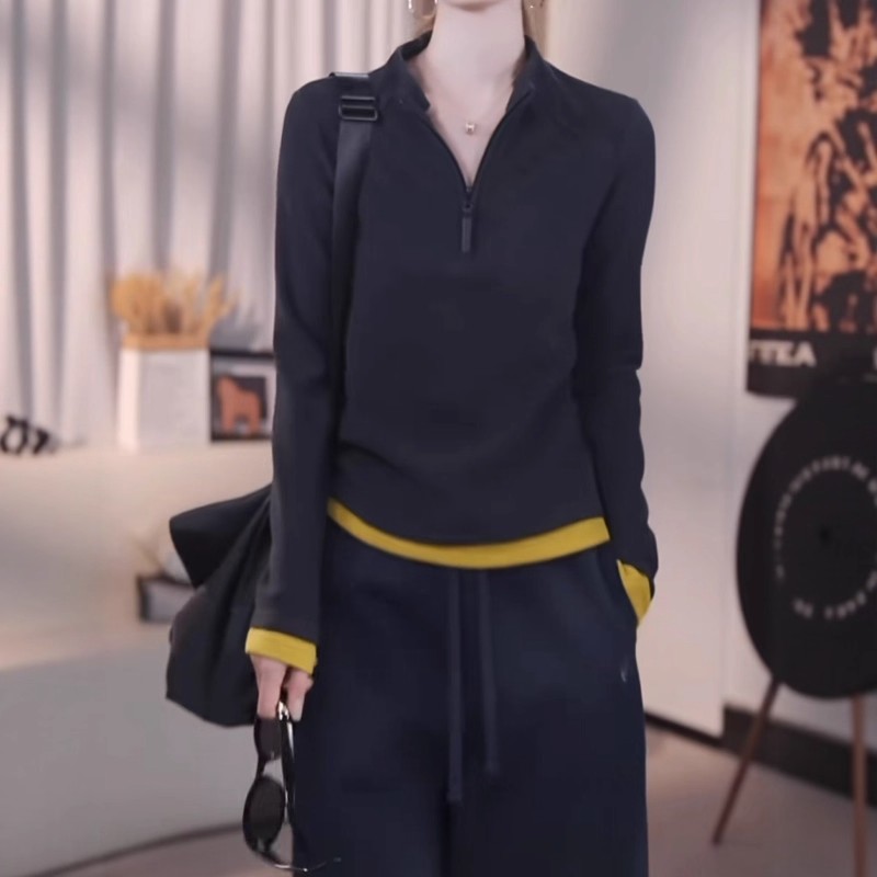 休闲立领半拉链长袖卫衣女秋季新款胖MM大码女装撞色拼接显瘦上衣