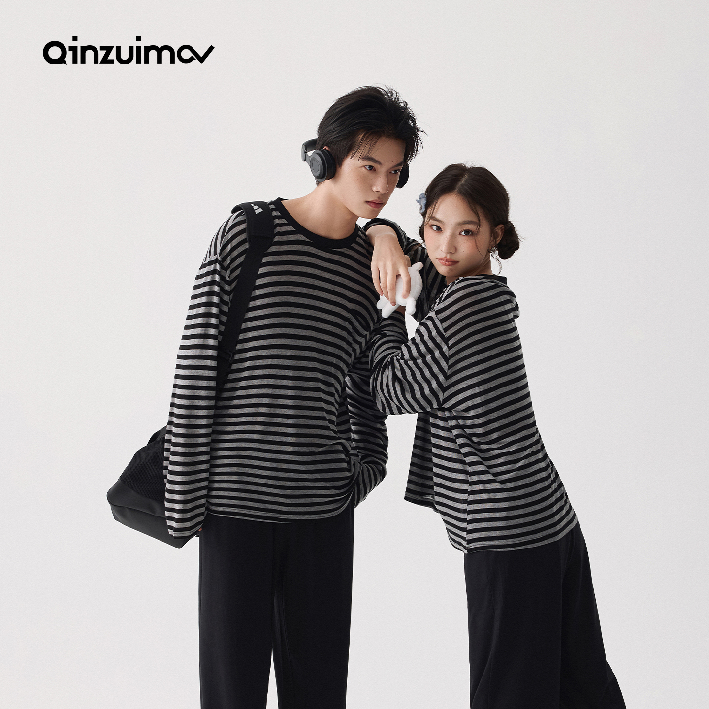 亲嘴猫【轻柔软】莫代尔棉可外穿条纹情侣长袖睡衣家居服两件套秋