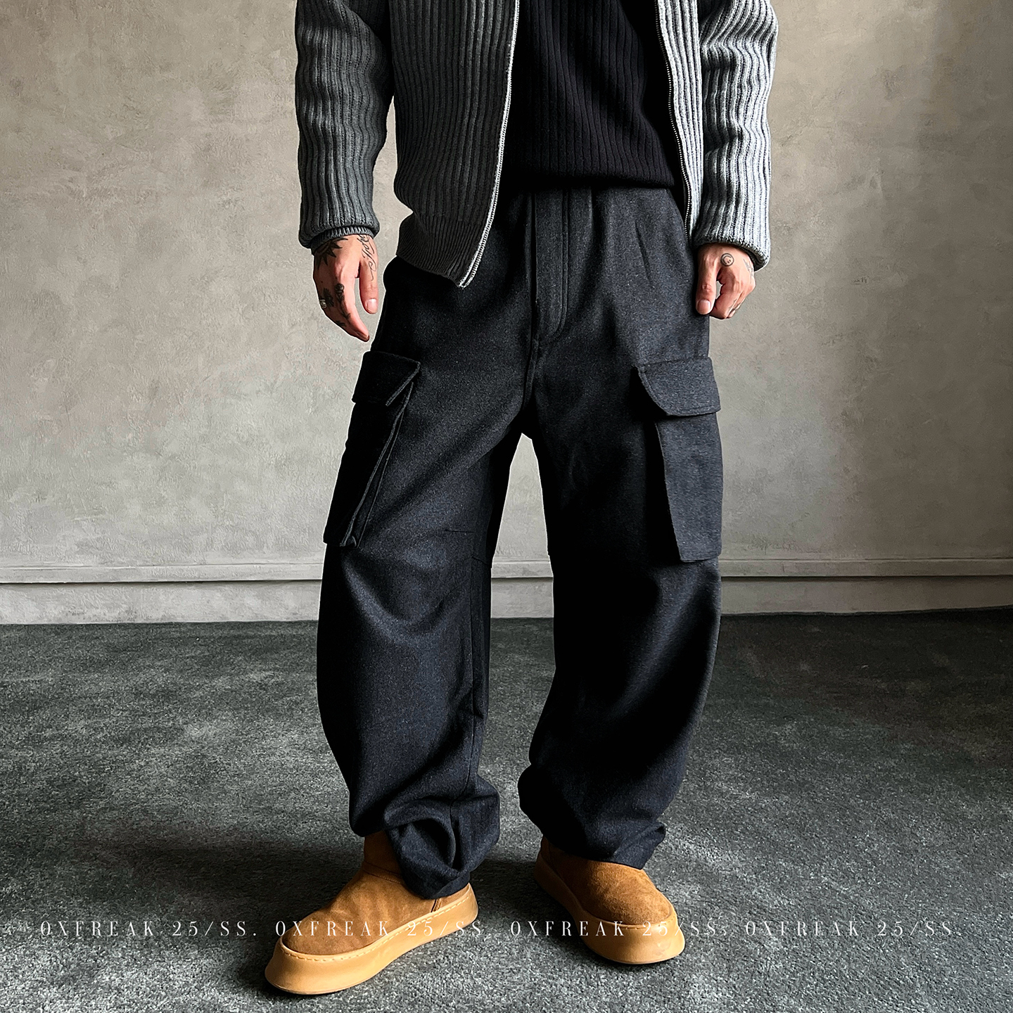 OXFREAK「磨毛呢料 双口袋」纯色通勤休闲裤男冬季加厚保暖工装裤