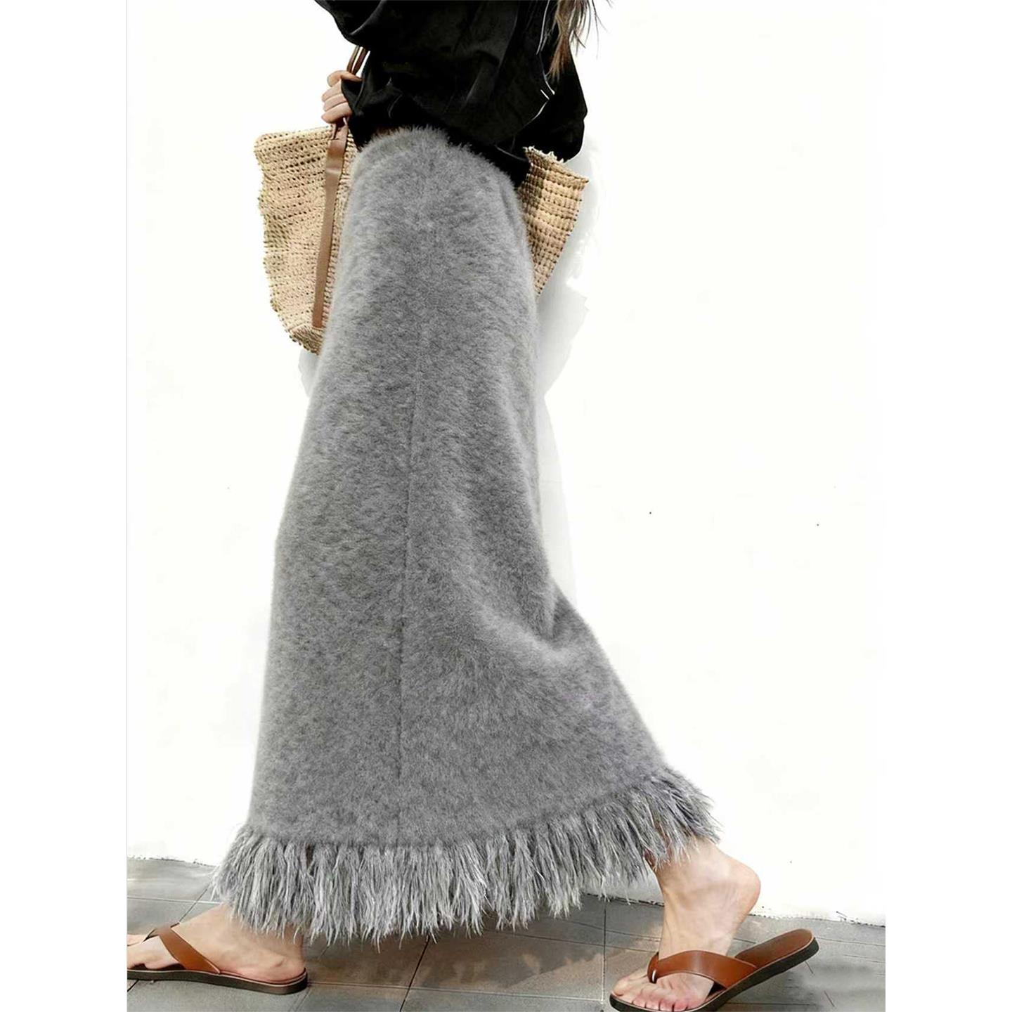 独特漂亮高级感灰色毛绒半身裙女2025冬季新款高腰显瘦a字裙气质