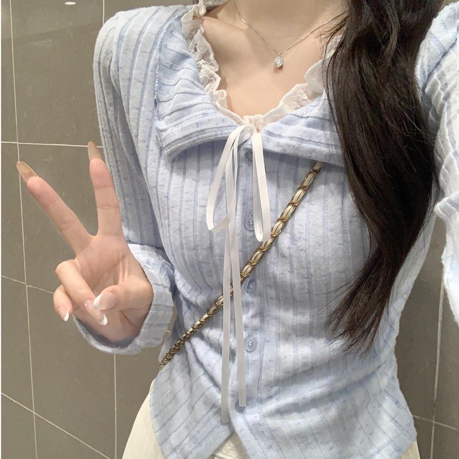 秋季韩版纯欲蕾丝蝴蝶结系带假两件长袖打底衫T恤上衣女