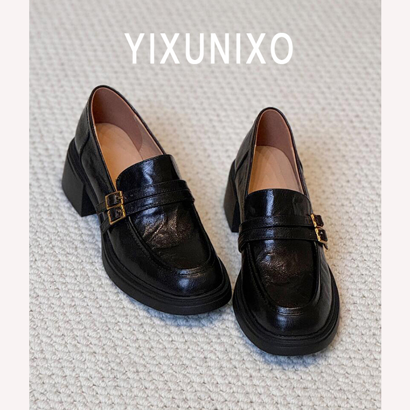 羊皮版~扣带粗跟英伦风乐福鞋女2025新款秋季厚底一脚蹬小皮鞋女