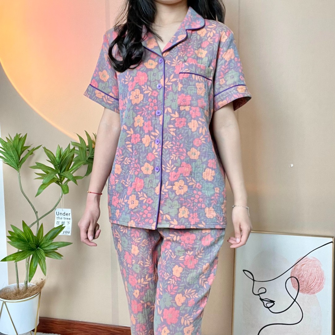 女士短袖长裤薄款棉双层纱色织睡衣家居服宽松全棉空调服套装夏季