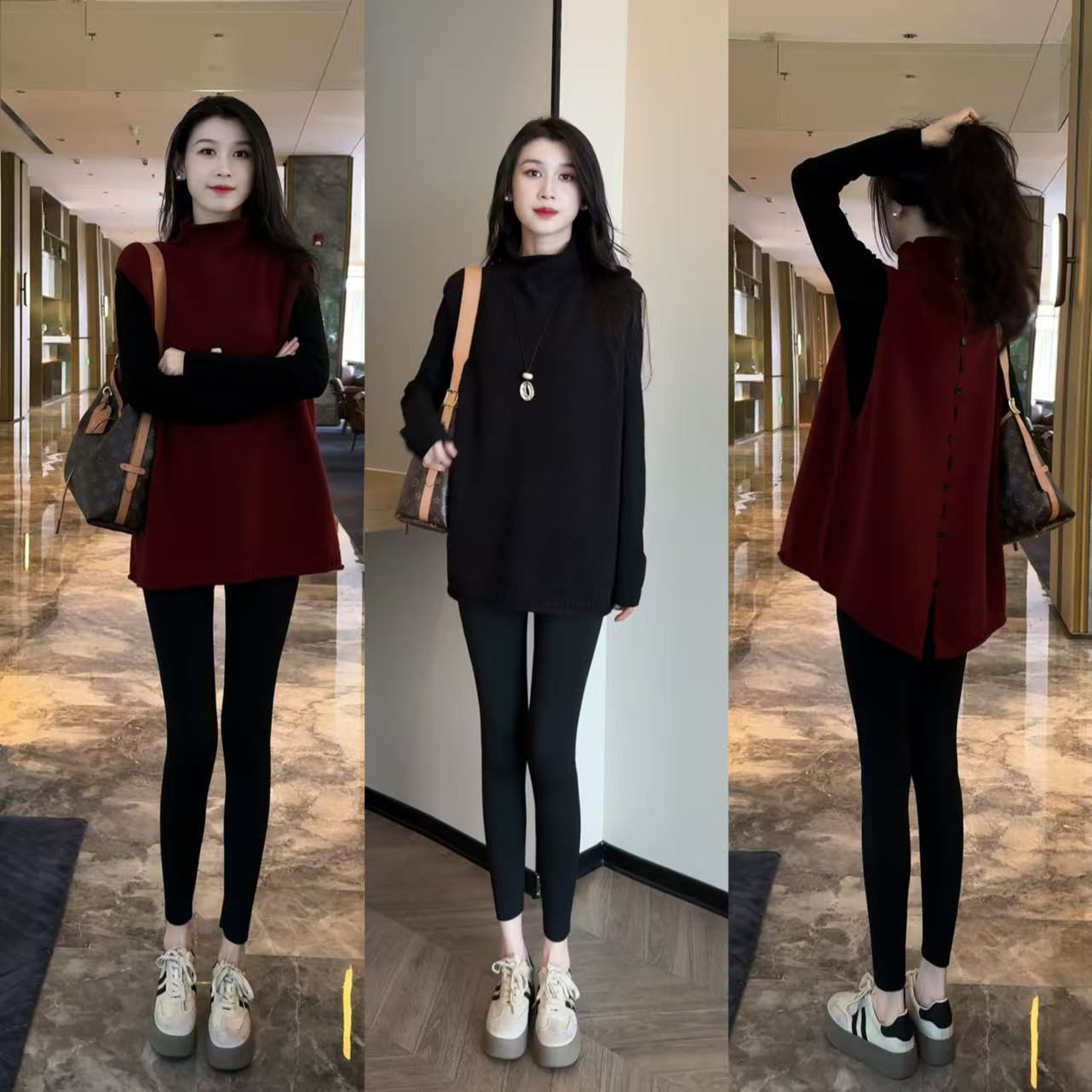 秋冬新款高领套头宽松针织马甲+打底衫+打底裤套装