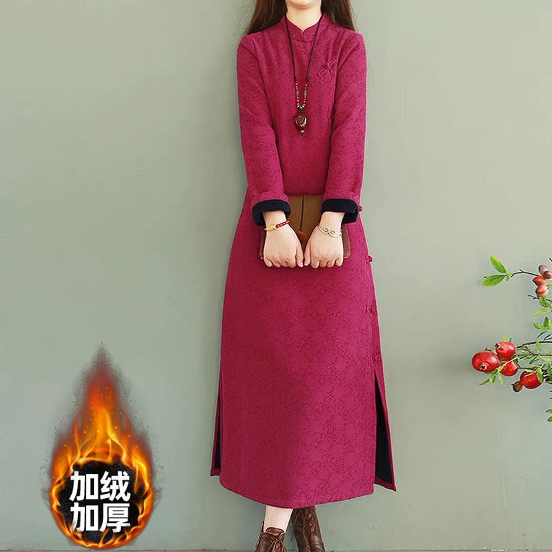 外贸出口品牌尾货女复古中式提花盘扣旗袍长裙加绒加厚棉麻连衣裙