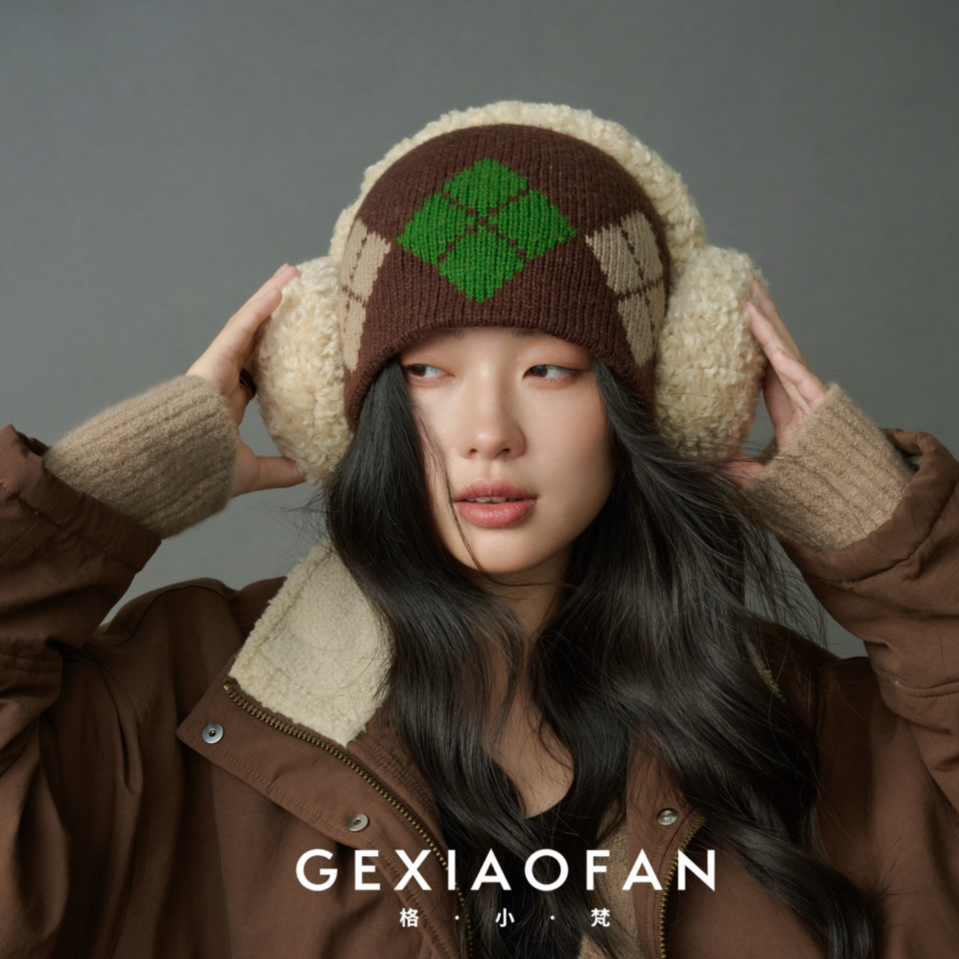 韩系ins菱形拼色针织包头帽子女秋冬保暖帽子毛线帽时尚堆堆冷帽