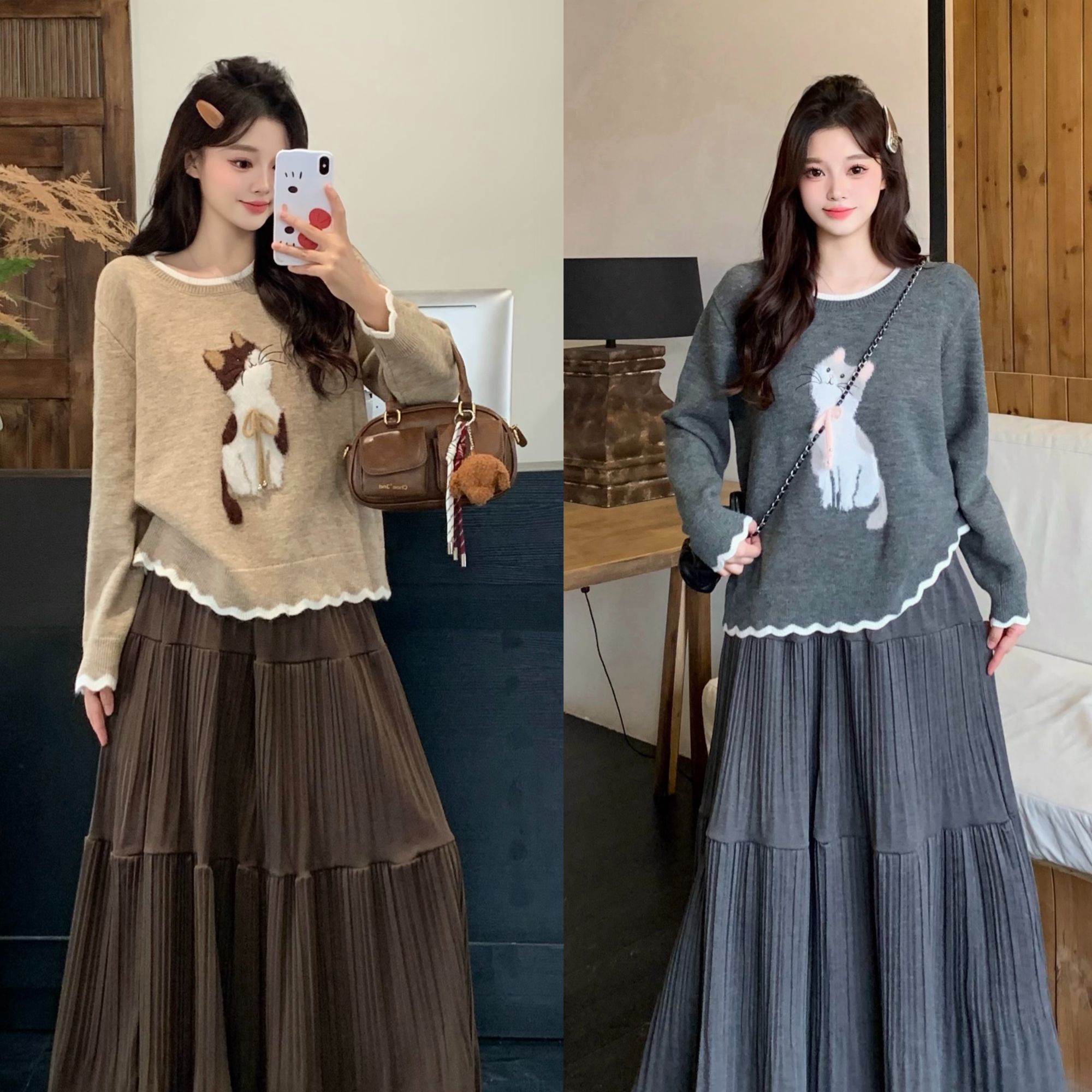 2025新款胖mm大码绣花小猫毛织上衣高腰半身裙套装72101+23288