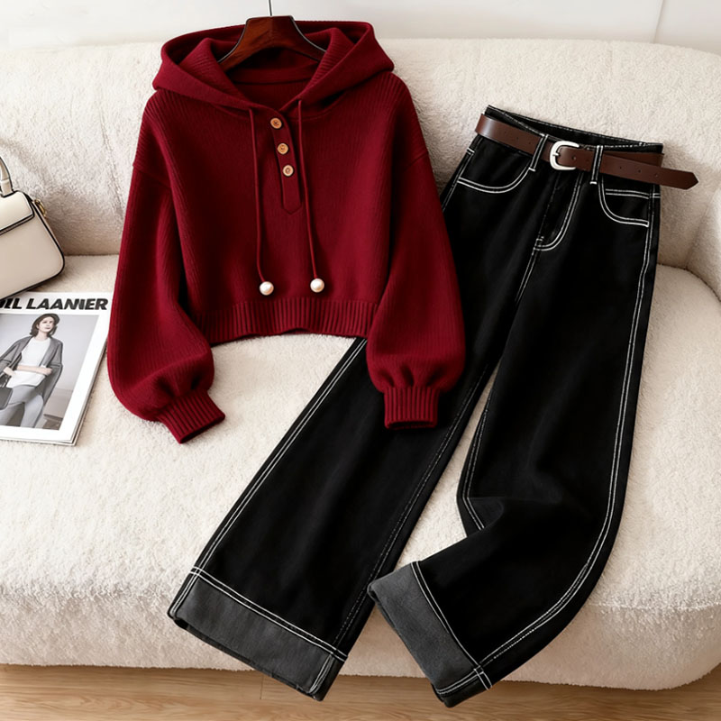 慵懒风洋气时尚洋气百搭女装红色卫衣秋季新款高腰直筒裤子两件套
