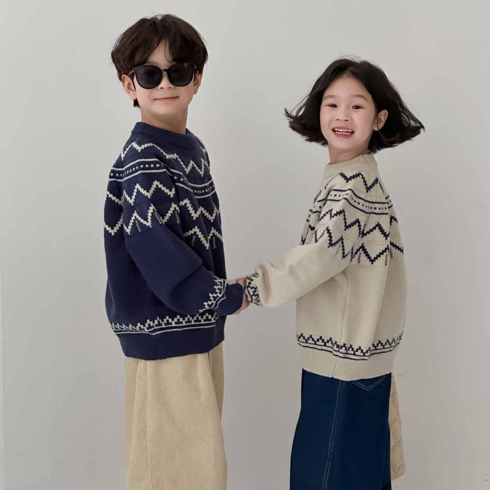 秋季新款男童女童韩版波浪针织上衣圆领休闲宽松毛线上衣
