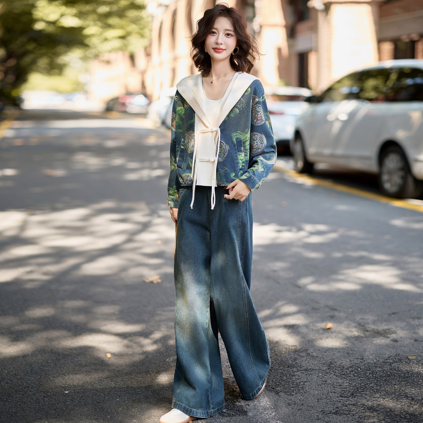 新中式国风盘扣印花牛仔套装女2025秋季爆款洋气减龄休闲两件套潮