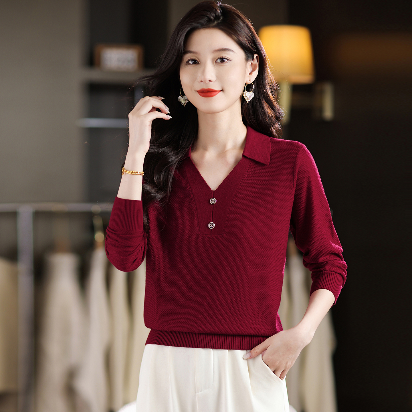 秋冬短款提花毛衣打底衫气质v领针织衫女士百搭打底衫秋冬上衣潮