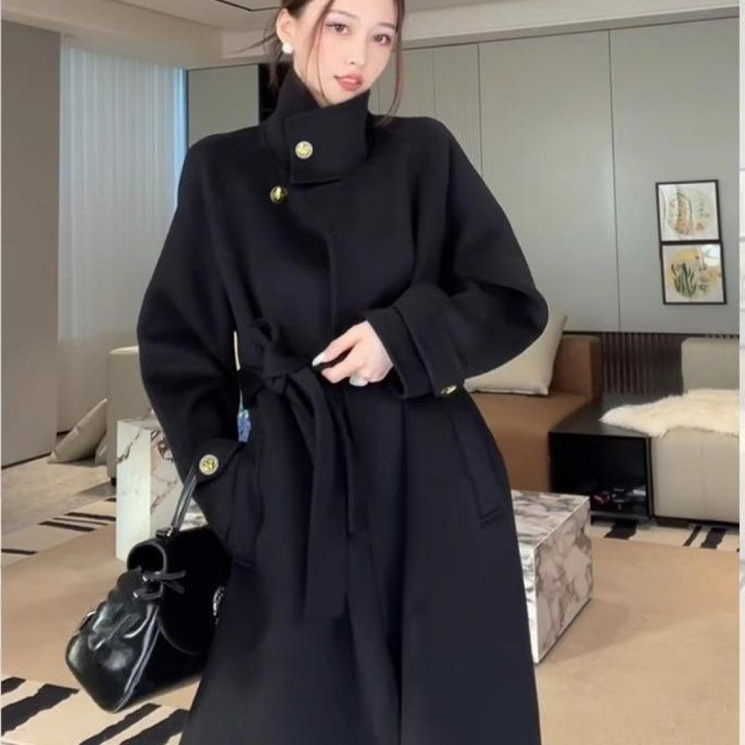 高级感大牌黑色呢子大衣女2025年冬季新款加厚赫本风系带毛呢外套
