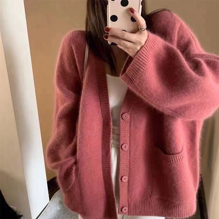 2025春季新款韩版奶橘色毛衣外套女大V领软糯糯温柔风大口袋开衫