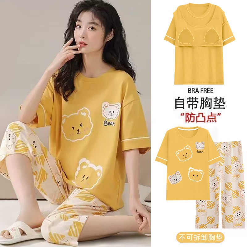 睡衣女款2025新款夏季女士短袖七分裤套装淡雅宽松大码休闲家居服