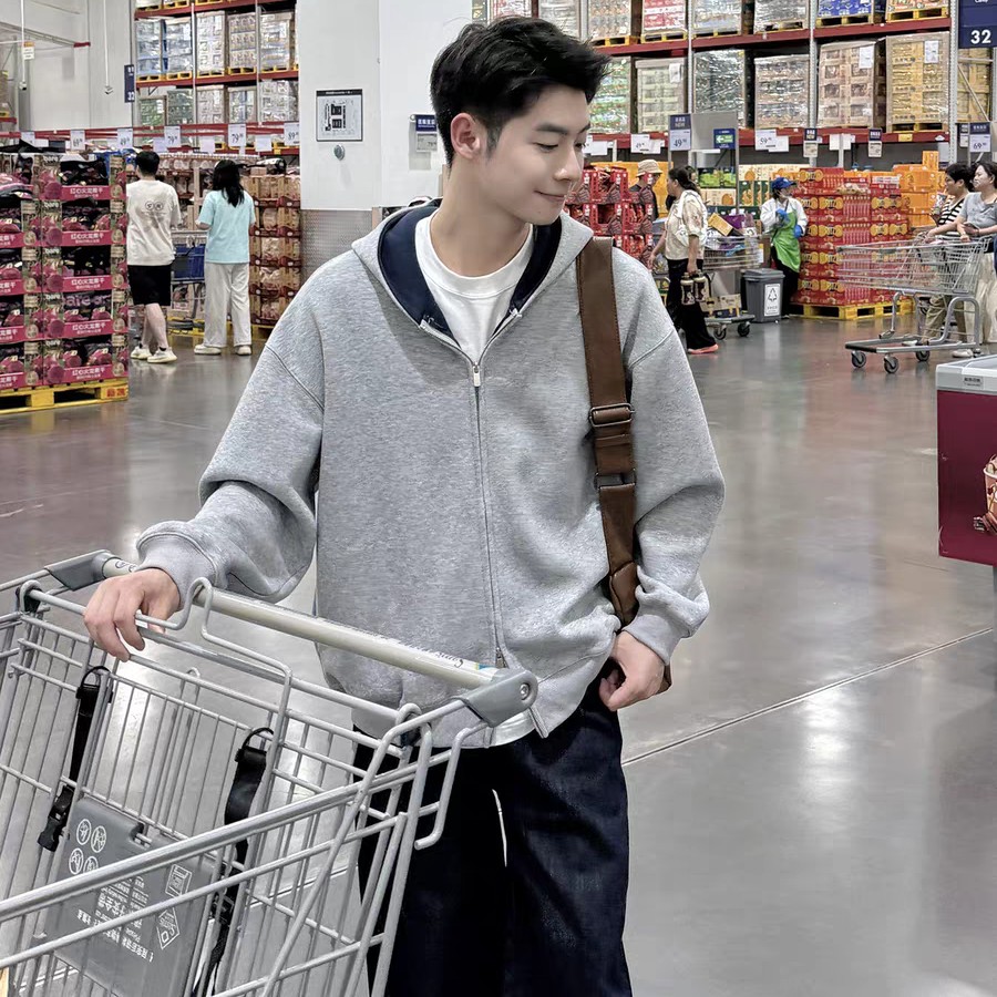 韩版时尚撞色开衫男生重磅连帽卫衣外套秋冬宽松休闲双拉链上衣潮