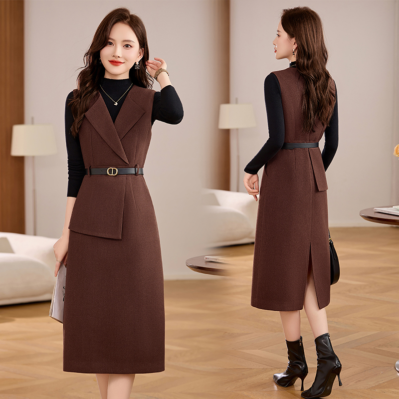 毛呢两件套装女秋冬气质高级感洋气显瘦长袖针织打底衫背心连衣裙