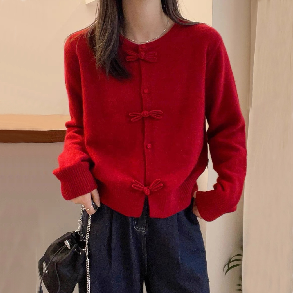 新中式国风春秋女装新款时尚洋气宽松圆领开衫蝴蝶结长袖毛针织衫