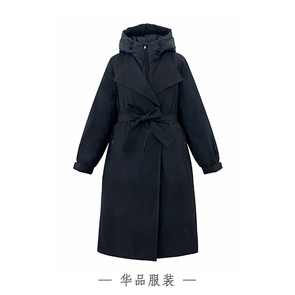 鹅绒风衣三合一中长款保暖羽绒藏蓝色收腰连帽女款鹅绒服