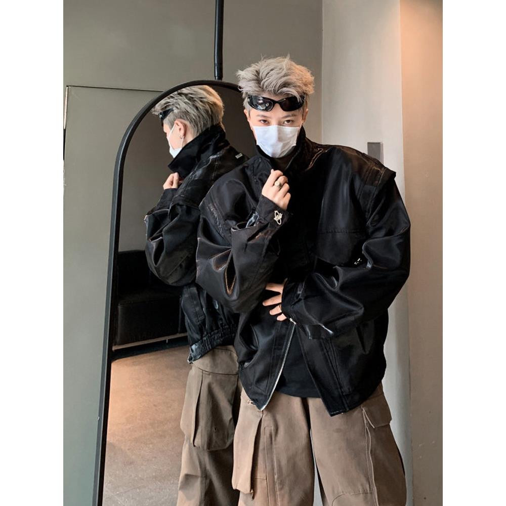 男模穿搭廓形垫肩外套男春秋季痞帅高级感短款潮牌工装飞行员夹克