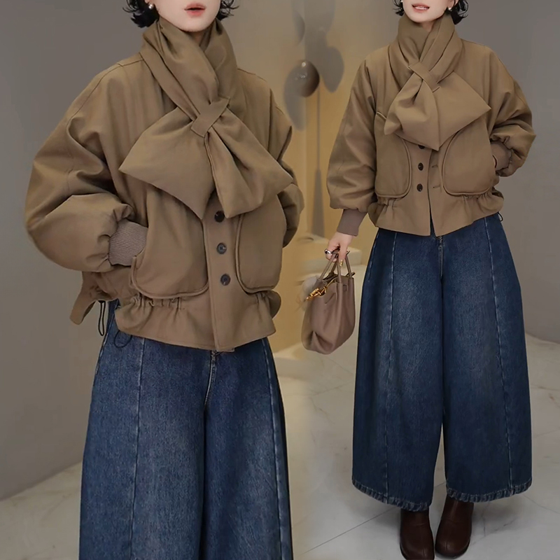霖优【暖系流光】系结围巾棉服外套女2025冬季新款搭配穿搭面包服潮
