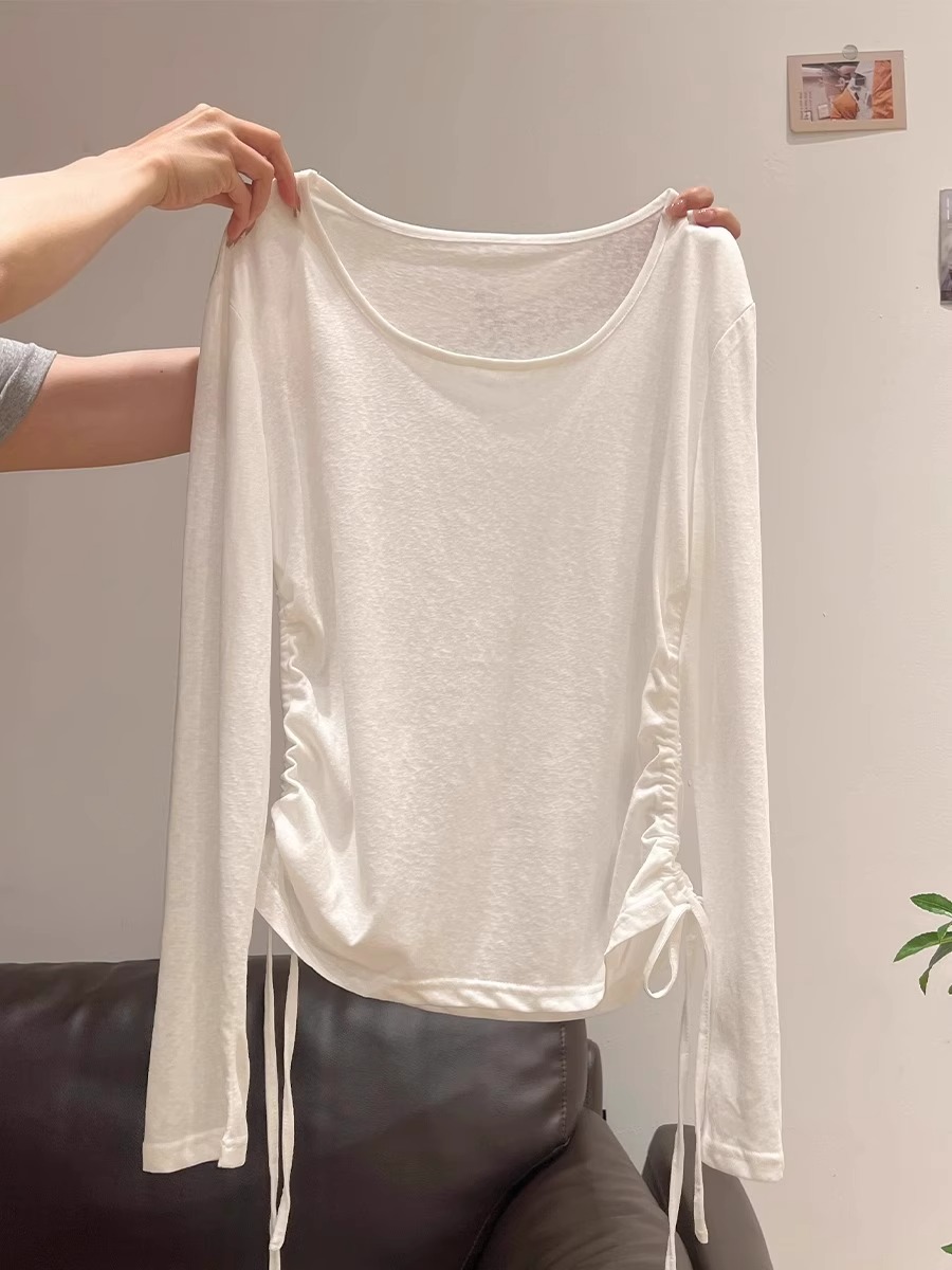 白色薄款防晒罩衫正肩长袖t恤女款夏季修身韩系百搭时尚抽绳上衣