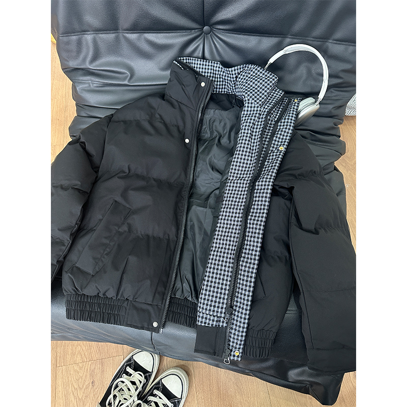 美式复古假两件千鸟格子棉服男款冬季高级感双层立领棉衣情侣外套