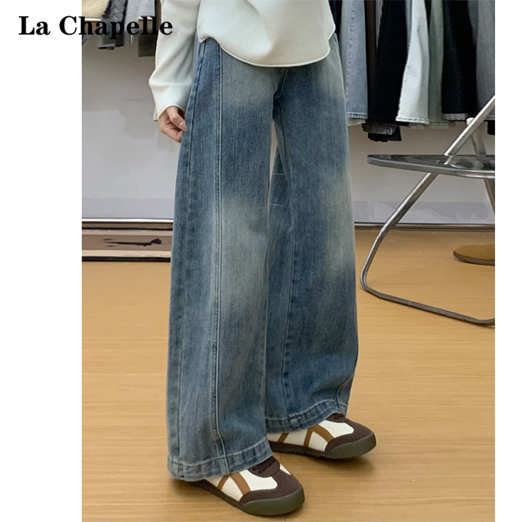 La Chapelle/拉夏贝尔阔腿牛仔裤女2025秋季高腰显瘦宽松弯刀裤
