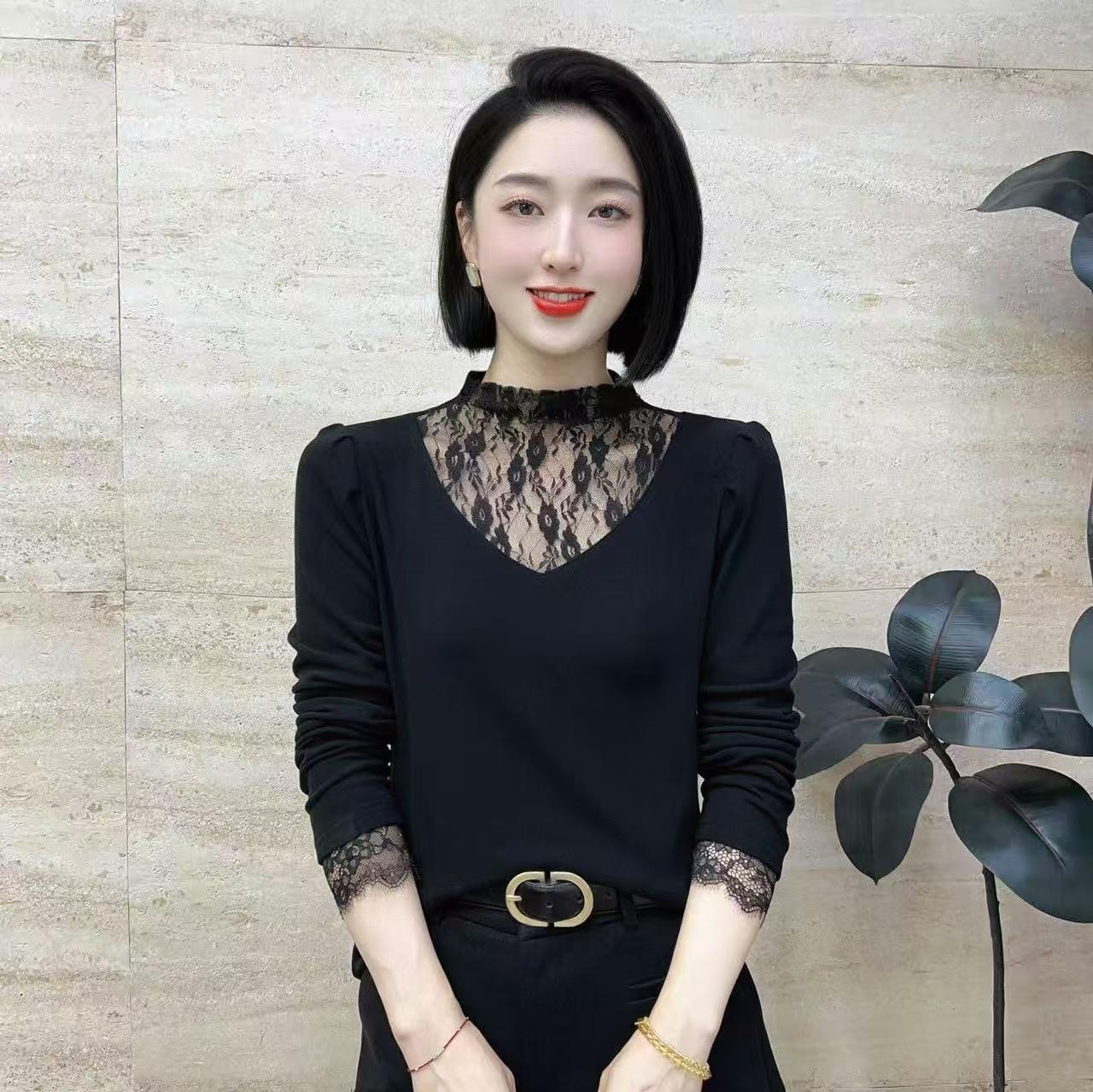 2025新品洋气加绒保暖蕾丝拼接上衣女长袖89067