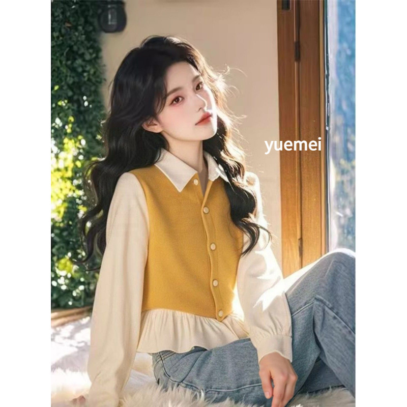 【洋气衣服女】白衬衣小众外穿春秋黄色拼接荷叶边衬衫女春加绒女