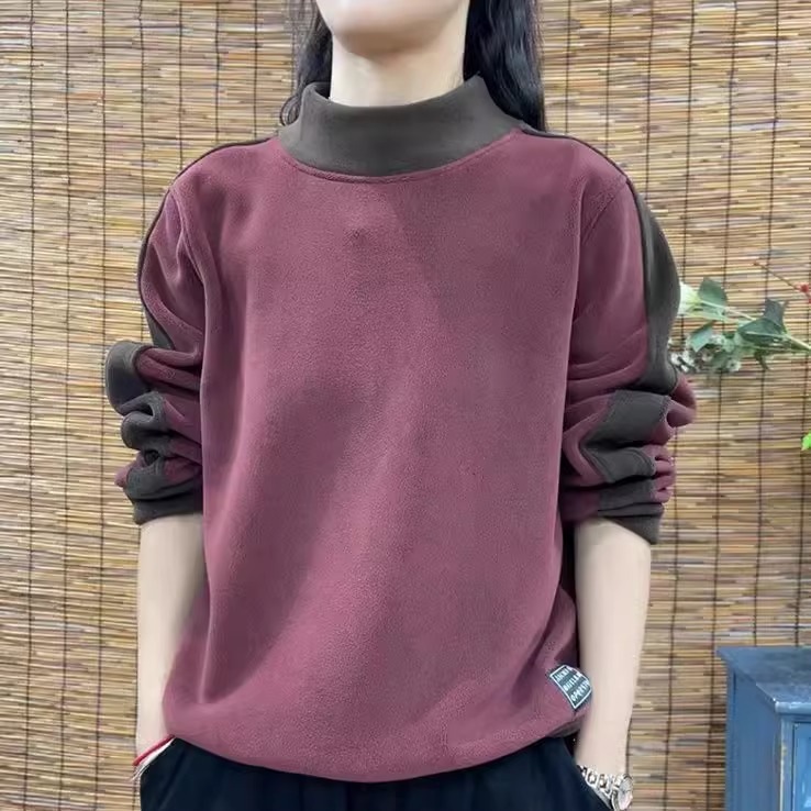 加绒加厚半高领女士卫衣春季新款中年妈妈宽松大码保暖打底衫