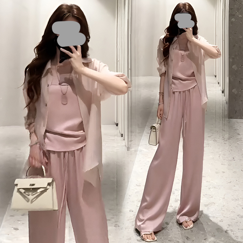 欧货休闲衬衫吊带背心阔腿裤三件套2025夏季新款时尚炸街显瘦套装