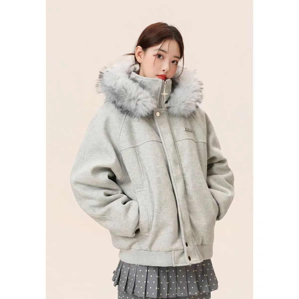 【座山雕毛领连帽】休闲毛呢拼接秋冬棉服保暖情侣款上衣外套MY3589