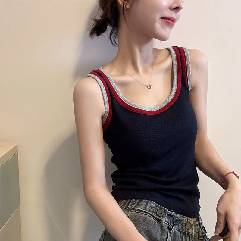 茜彩妮2025夏季新款撞色拼接吊带背心女韩版时尚修身百搭外穿上衣