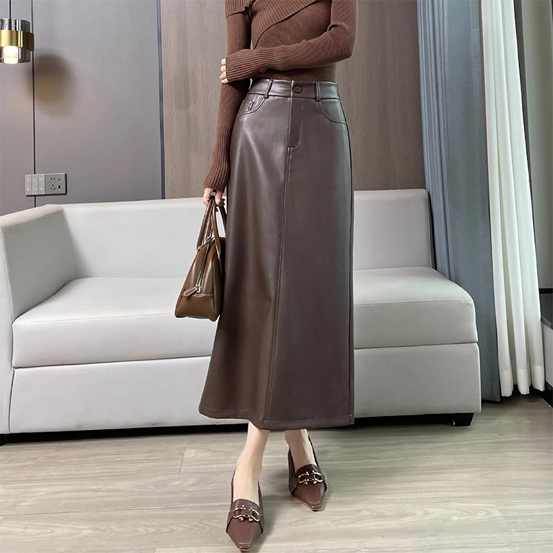 复古半身皮裙女秋冬2025新款高腰显瘦气质休闲垂感a字开叉中长裙
