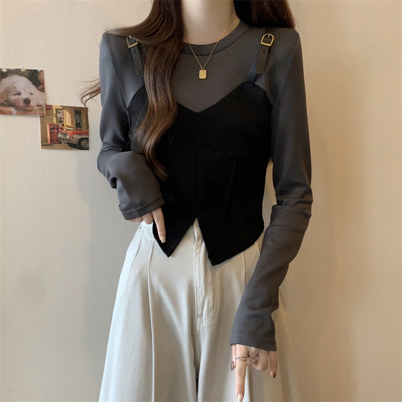 大码女装遮肚假两件拼色长袖T恤女秋冬胖妹妹设计感显瘦短款上衣