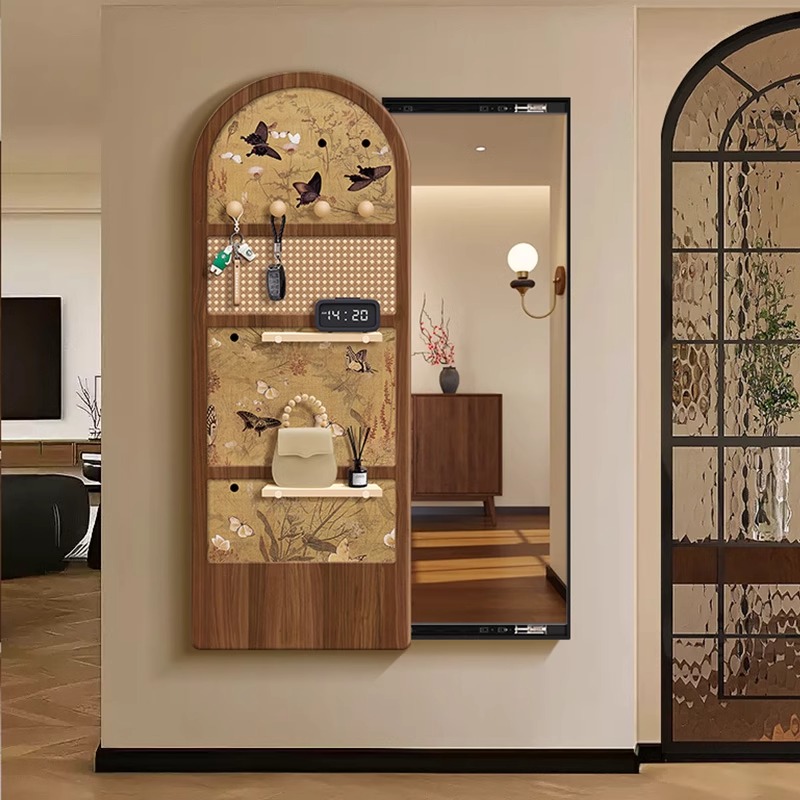 《》中古风洞洞板穿衣镜钢琴键隐藏式一体定制贴墙推拉客厅家用落地