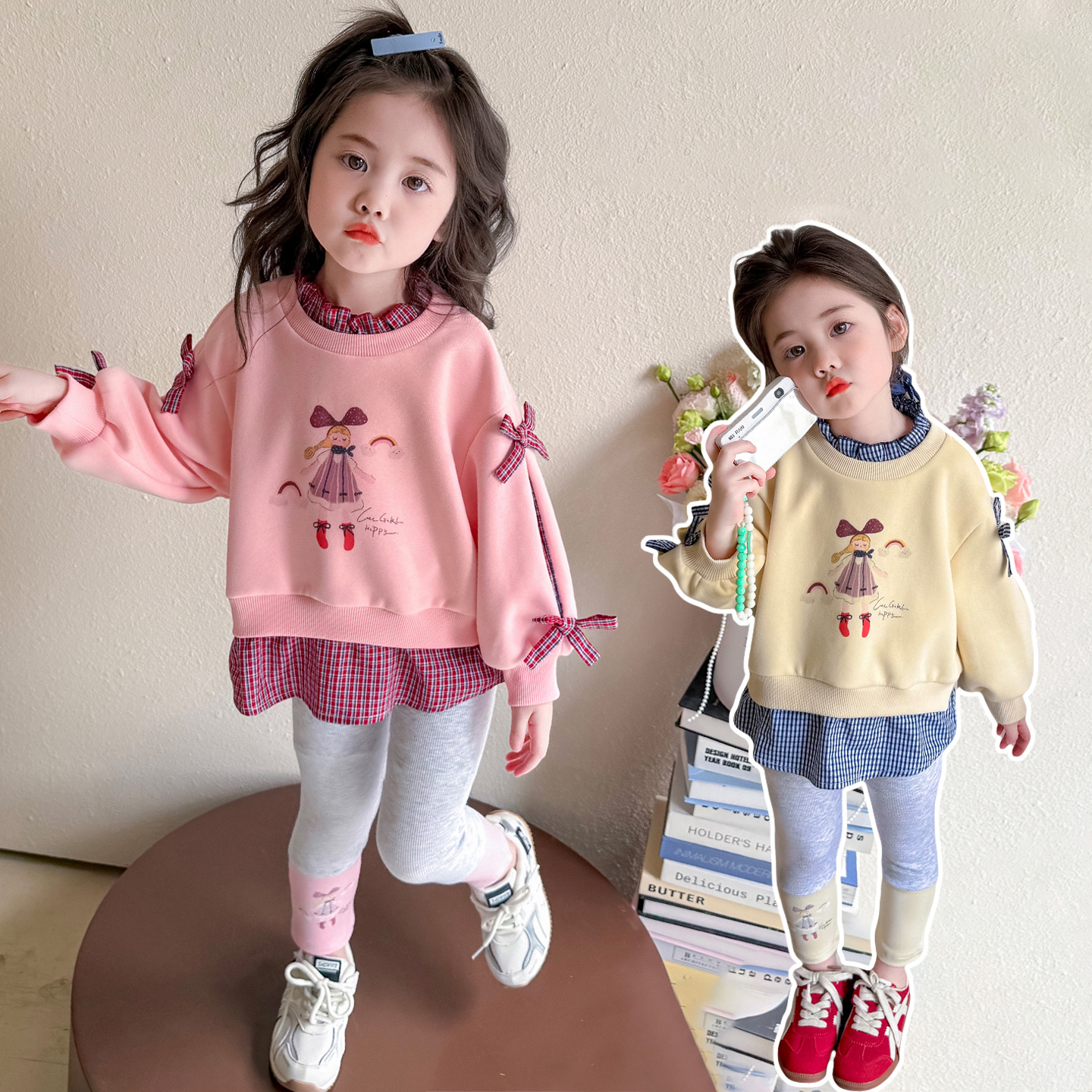女童蝴蝶结卡通卫衣套装春秋款女宝宝洋气休闲秋装儿童时髦两件套
