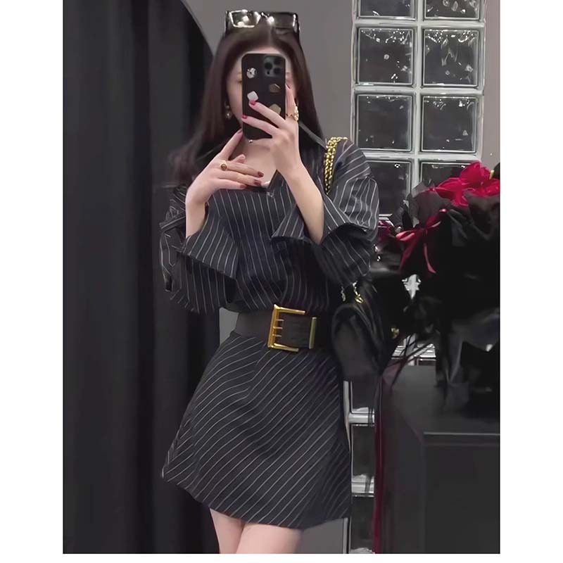 【送腰带】高级感条纹长袖衬衫连衣裙女春秋新款气质收腰短裙TX0027