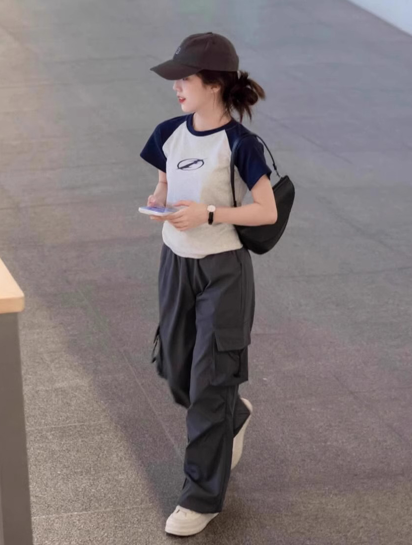 夏装搭配一整套时尚美式复古插肩袖t恤上衣女工装阔腿裤两件套装