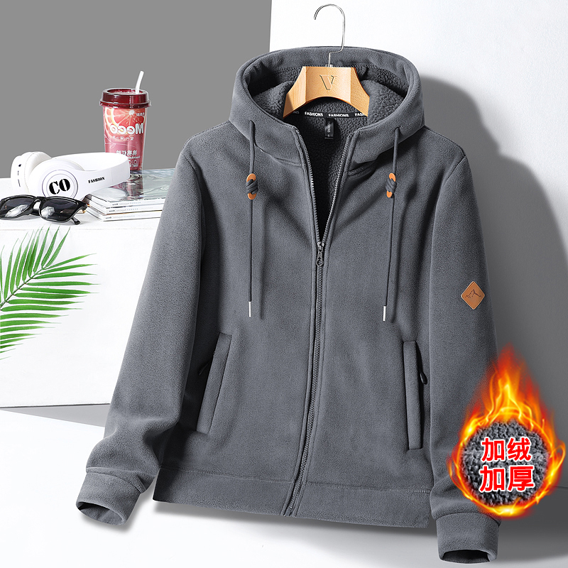 男士连帽加绒加厚保暖抓绒衣卫衣上衣大码运动户外休闲防风23558