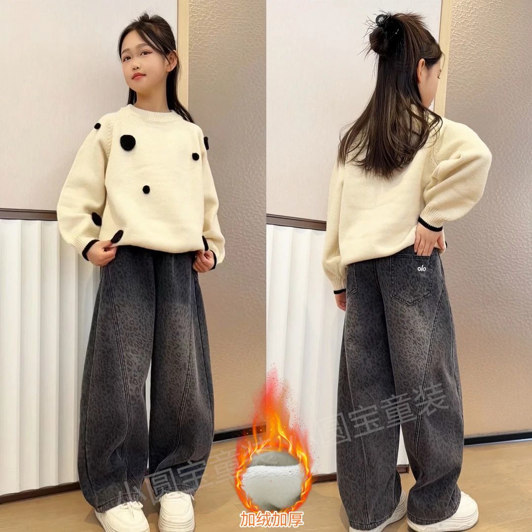 女童冬季厚款韩版圆领长袖加厚毛衣针织衫大童阔腿加绒牛仔裤套装