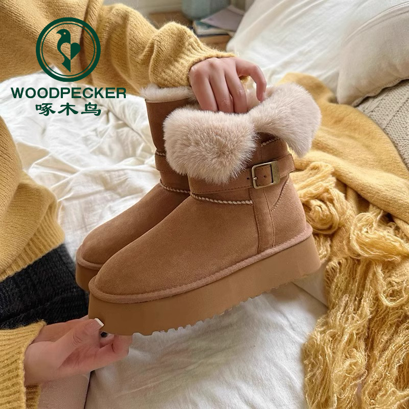 啄木鸟厚底中筒雪地靴女2025新款冬季两穿加绒加厚东北雪地棉鞋女